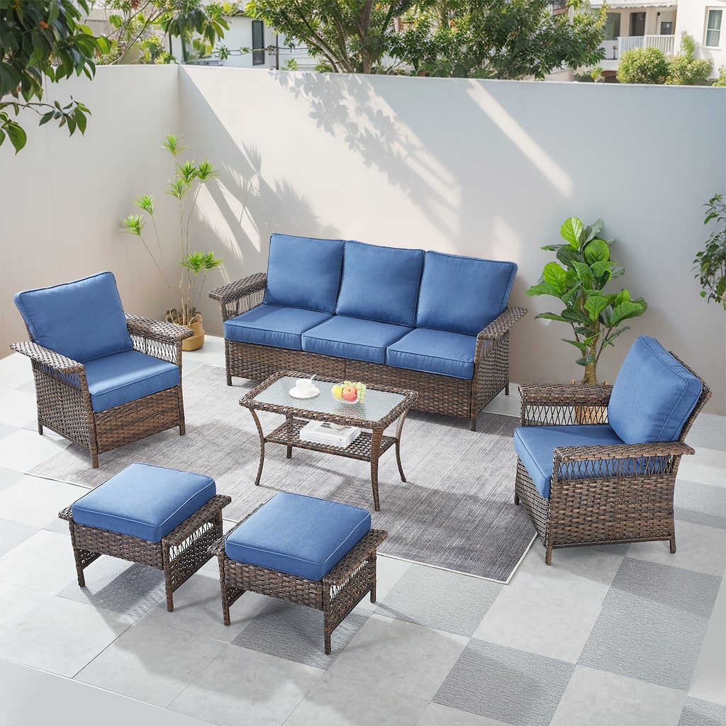 Gymojoy Outdoor 3-Seat Sofa, Club Chairs, Coffee Table and Ottomans