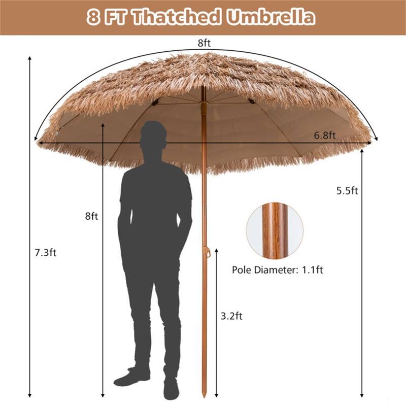 Portable 8 Feet Natural Thatched Patio Umbrella Sunshade Tiki with Steel Pole for Beach or Pool