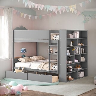 Full over Full Bunk Bed With 2 Drawers and Multi-layer Cabinet