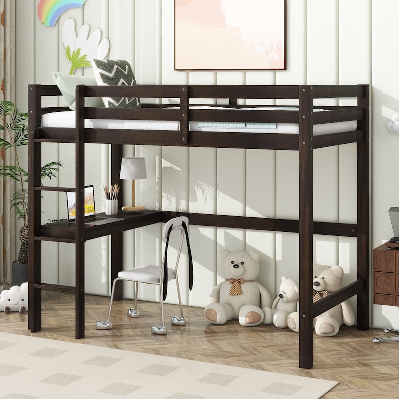 Twin High Loft Bed, Rubber Wood Loft Bed with Safety Guardrail built-in desk, ladder, Espresso