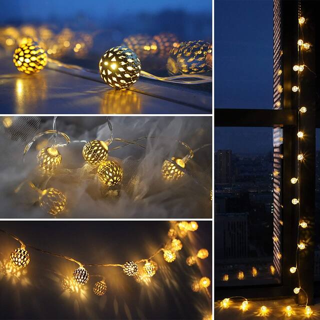 LED Globe String Lights Moroccan Orb 40 Golden Metal Balls 16 ft - Standard