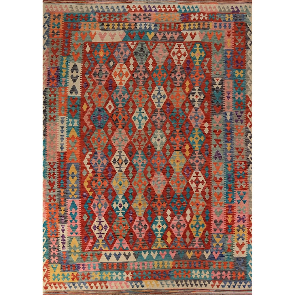Geometric Kilim Oriental Area Rug Hand-Woven Living Room Wool Carpet - 8'3"x 11'2"