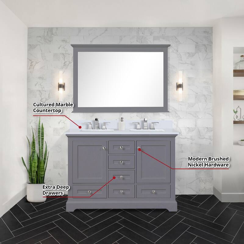 Dukes 48 in. W x 22 in. D White Double Bath Vanity, Cultured Marble Top, Faucet Set, 46 in. Mirror