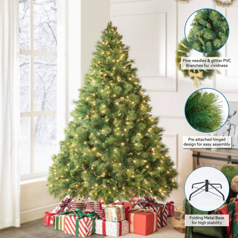 Real Tree Mimic Pre-Lit Artificial Christmas Tree with Fluffy PVC Branches, Folding Metal Base, and Easy 3-Step Assembly