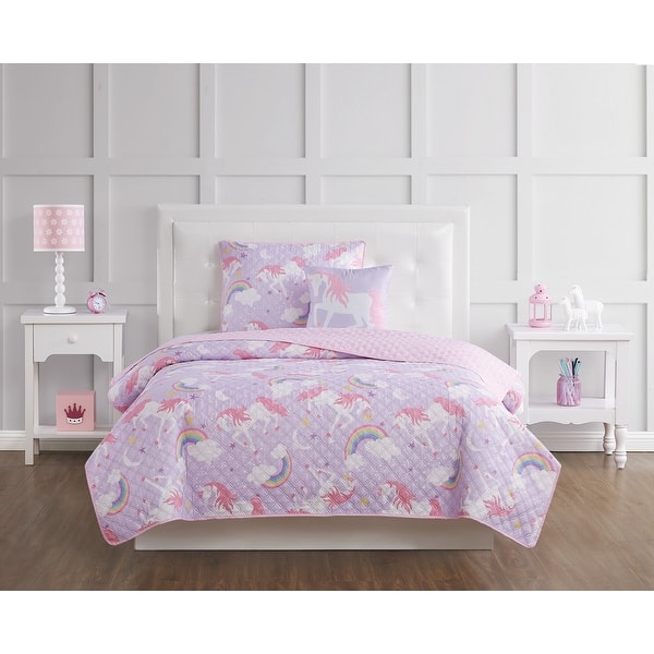 slide 2 of 4, Porch & Den Nahcotta Unicorn and Rainbow 4-piece Quilt Set Full