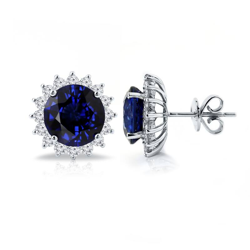 Auriya Unique 8 5/8ct Royal Blue Sapphire and 1 1/4ctw Halo Diamond Stud Earrings 18K Gold