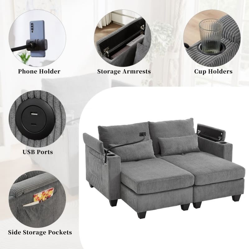 63" Corduroy Convertible Loveseat Sofa Bed with USB Ports, Two Cup Holders, A Phone Holder for Living Room