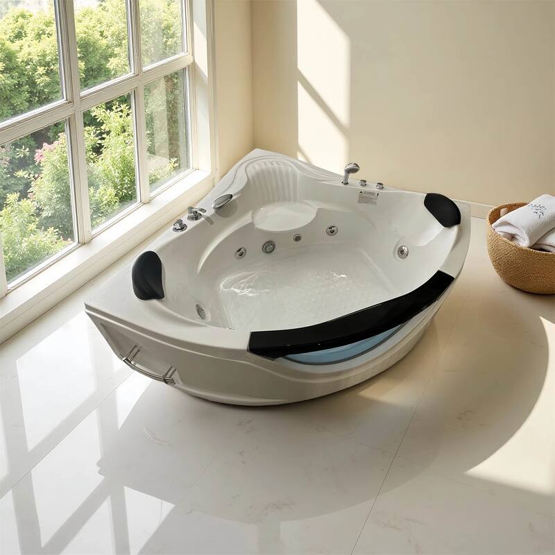 59" Corner Whirlpool Bathtub for 2-Person, Luxury Jetted Spa Tub - Milk White