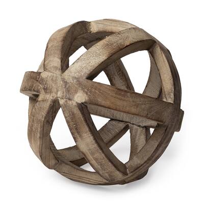 Brown Wooden Hollow Orb Sculpture - 8" W x 8" D x 8" H