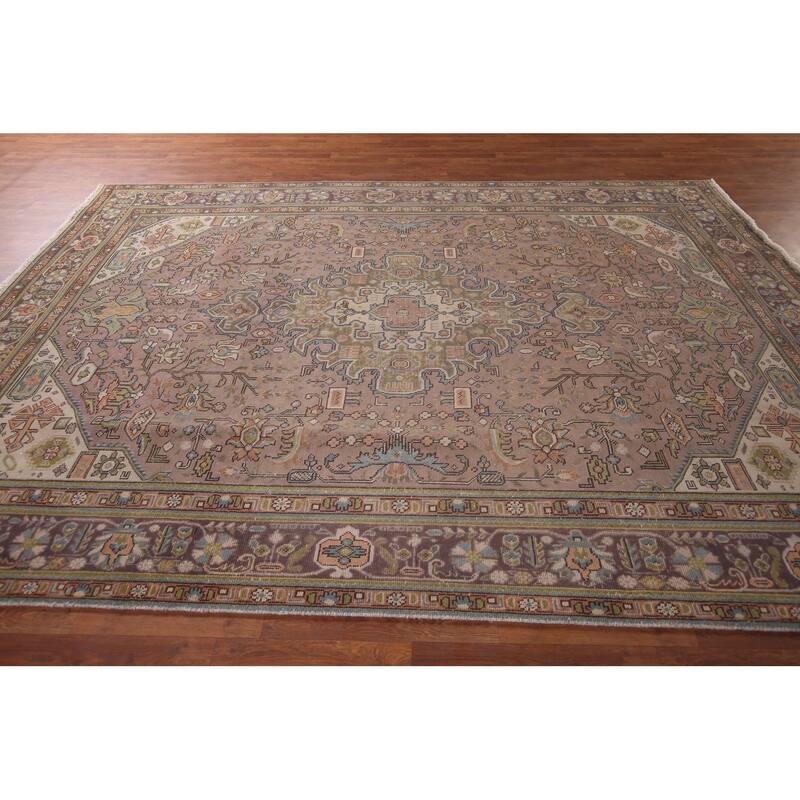 Traditional Tabriz Persian Vintage Rug Hand-Knotted Brown Wool Carpet - 7'6"x 11'1"