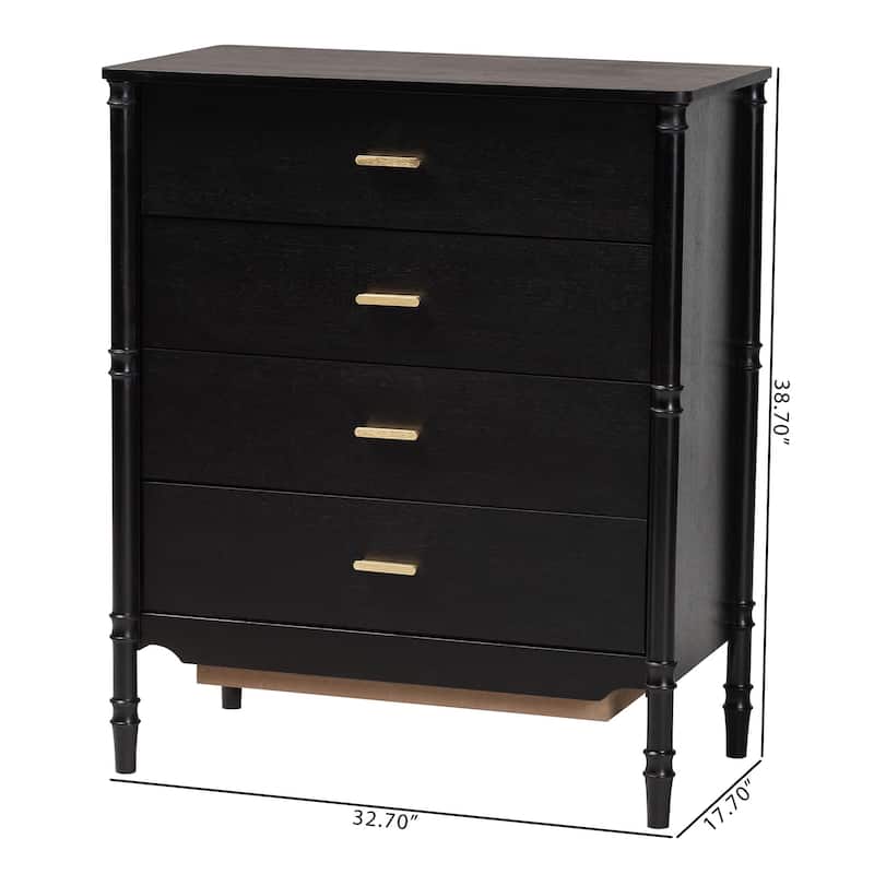 Marisela Black Wood Chest of Drawers with Gold Handles - 4-Drawer Dresser with Bamboo-Inspired Legs, Modern Transitional Accent