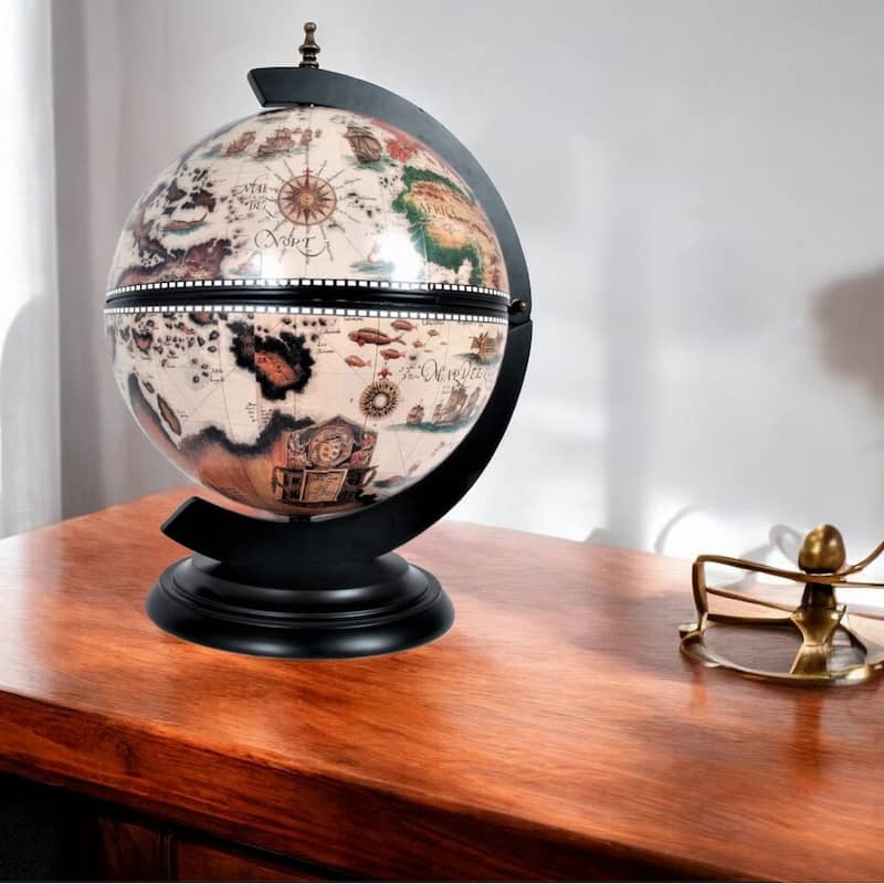 HomeRoots 13" Brown And Black World Map Globe Chess Game Set - 13x13x20" - 13x13x20" - Multiple Colors