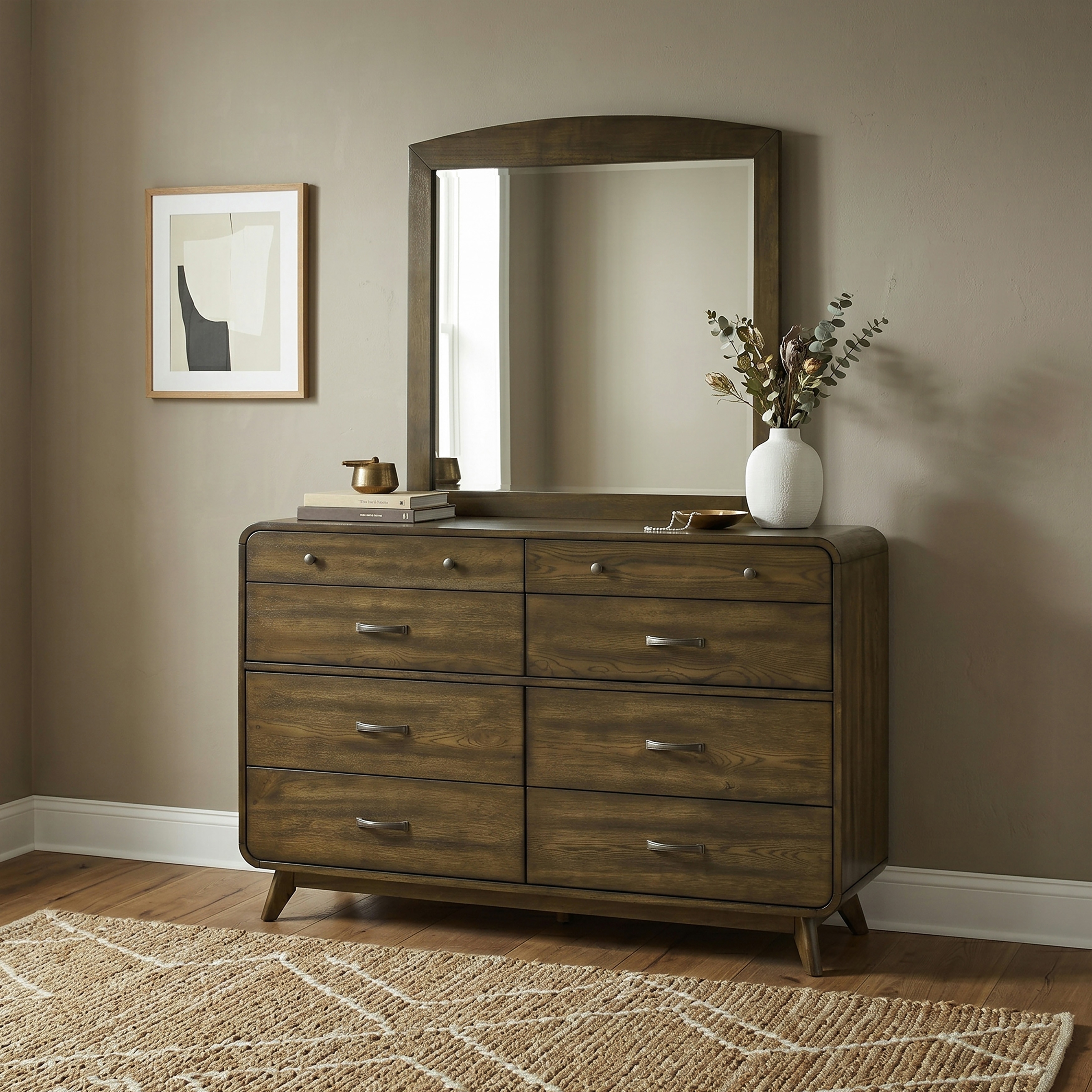 Furniture of America Bailor Mid-Century Modern 2-Piece Walnut Wood 8-Drawer Dresser and Mirror Set