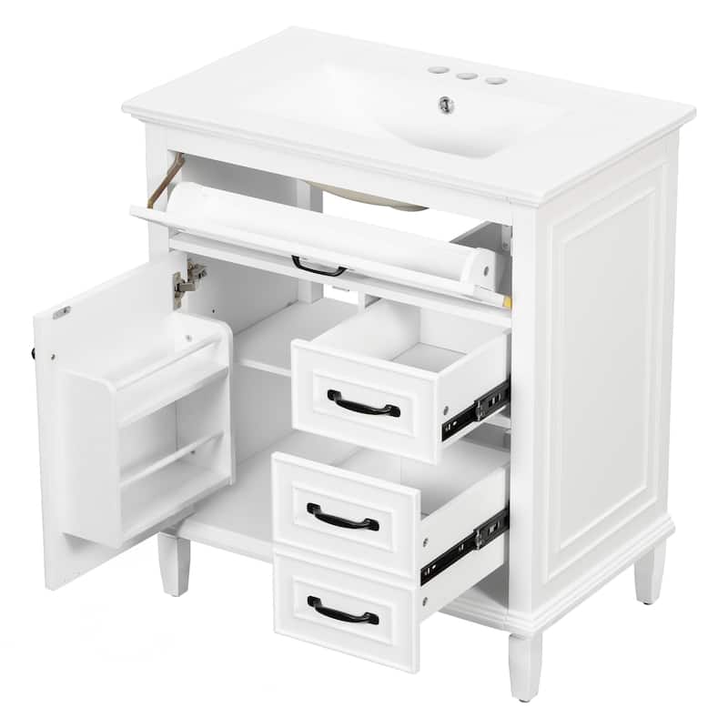 30 Inch Bathroom Vanity with Ceramic Sink Top, Flip Drawers, Freestanding Storage Cabinet (Faucet Not Included)