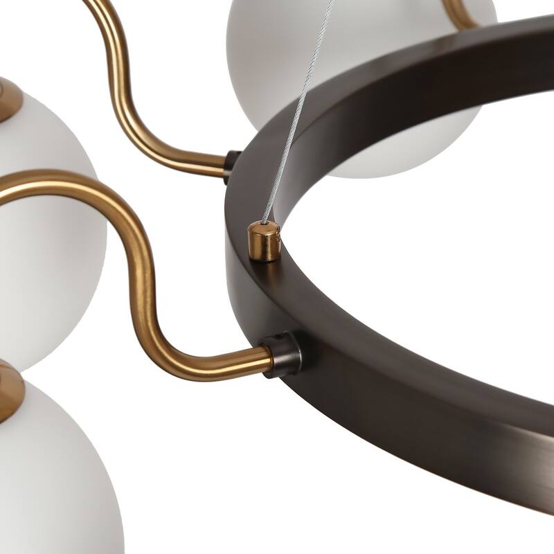 Aladari Mid-Century Modern 8-Light Wheel Chandelier Opal Orb Glass Lights - Black&Brass - 34.2"D*68"H