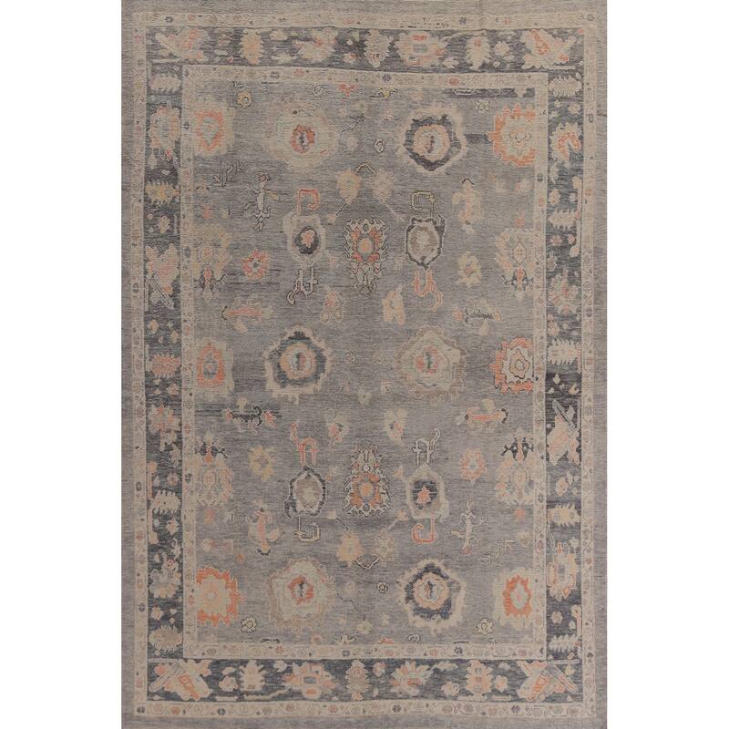 Hand Knotted Oriental 100% Wool Carpet Transitional All-Over Greys & Charcoal Oushak Area Rug - 12' 4'' X 8' 11''