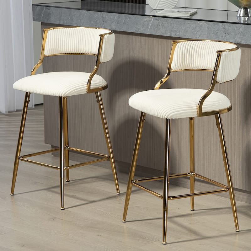 2PCS Corduroy Counter Height Bar Stools With Gold Metal