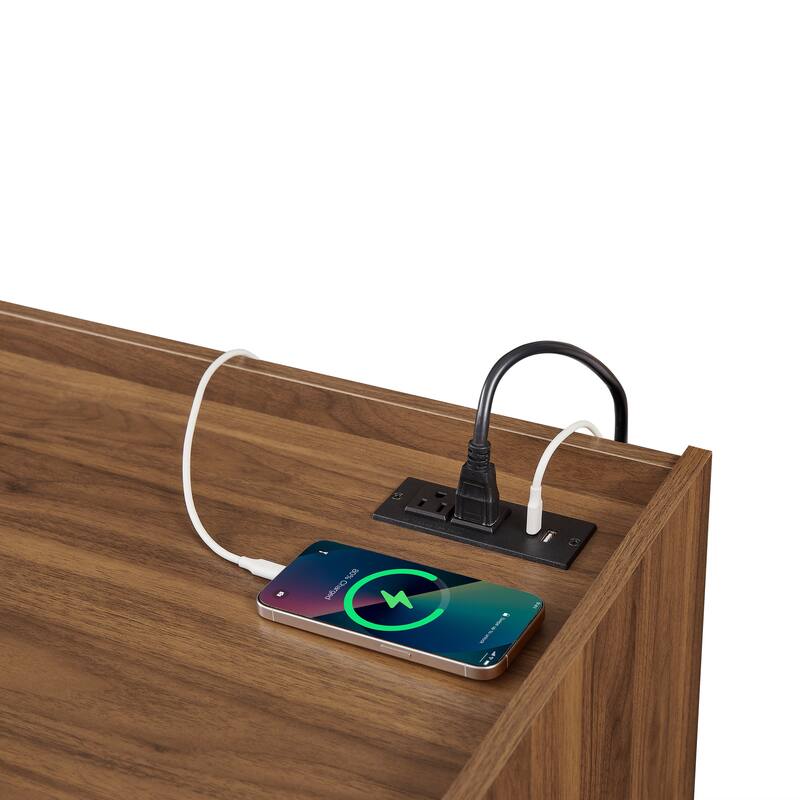 68.9" Modern TV Stand with 4 Glass-Front Drawers - Built-in Charging Station, Ambient LED Lighting