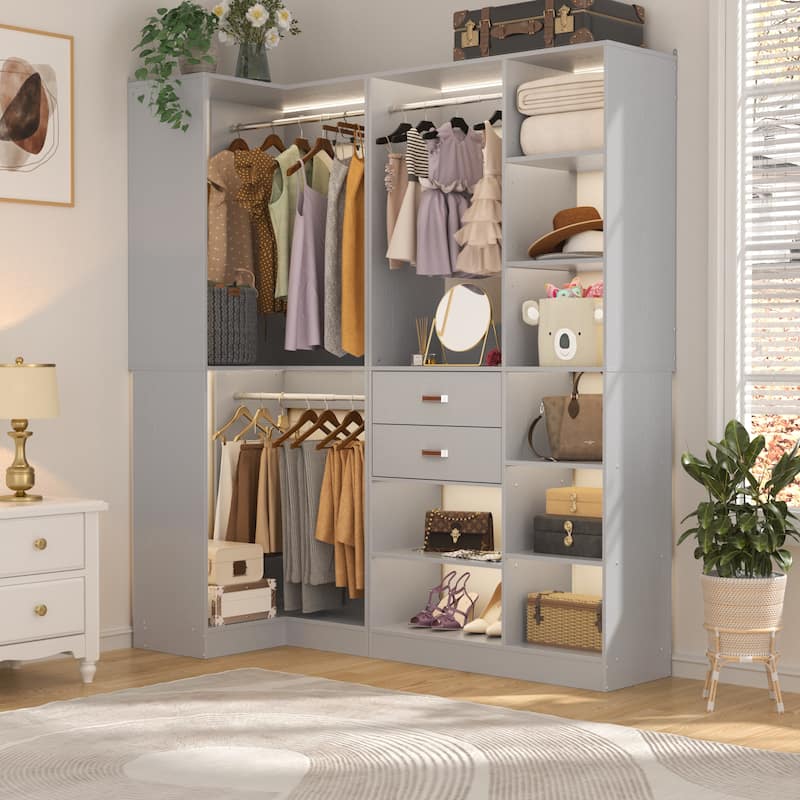 Vryon Set of 2 Corner Closet Organizer, 70.9'' W Closet System with Drawers and Hanging Rods - Tower Organizer - Grey