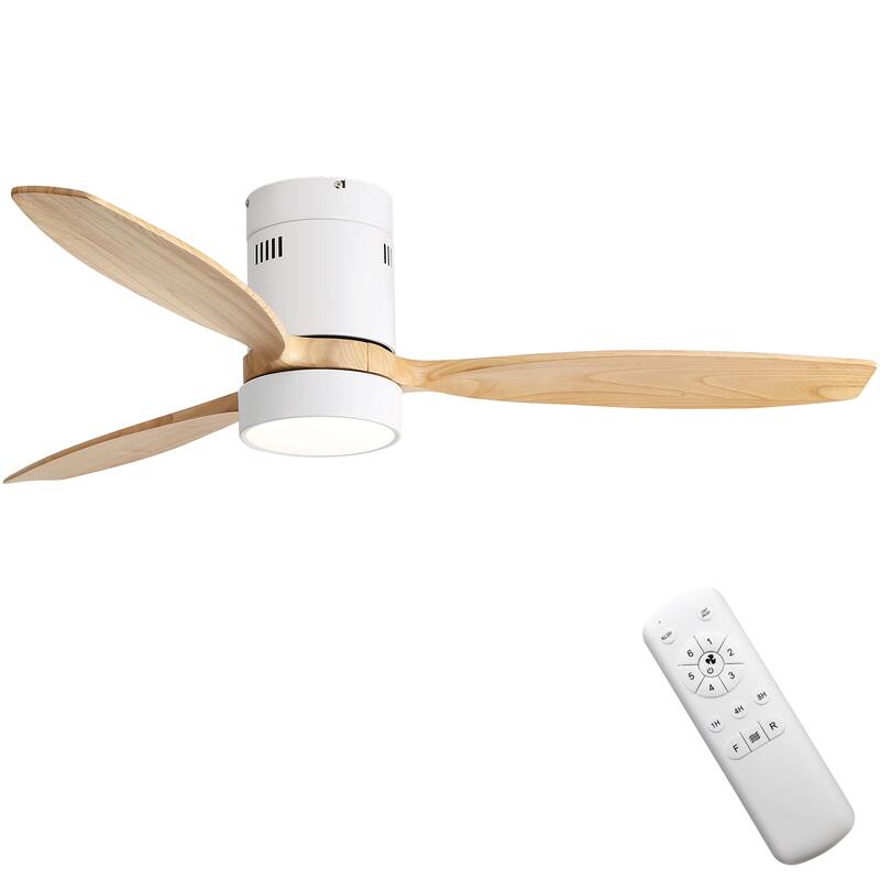 Sofucor 52inch Solid Wood Ceiling Fan with Lights and Remote,Flush Mount Quiet Reversible DC Motor,Smart Control Optional - with light - White with Natural Solid wood Blades