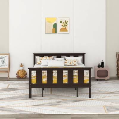 Wood Platform Bed Queen Size Bed Frame with Headboard and Footboard, Espresso