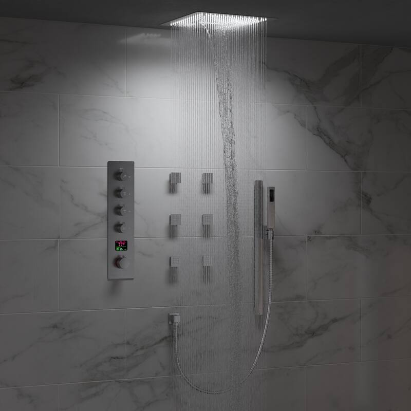 Digital Thermostatic Shower Set with Remote-Control LED Lights, Rainfall/Waterfall Combo and Massaging Jets - Brushed Nickel