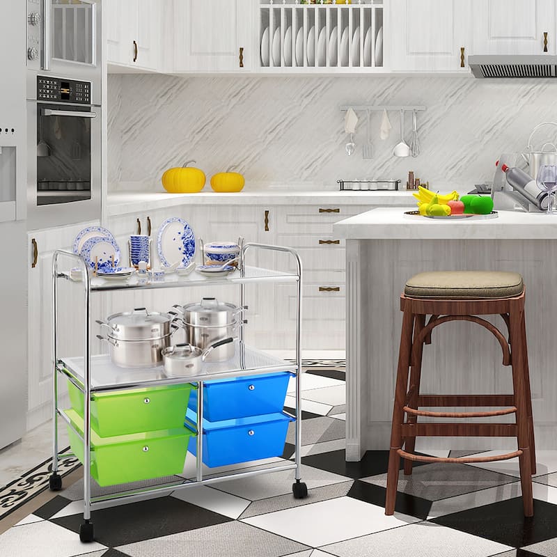 Rolling Storage Cart Metal Rack Shelf with 4 Drawers 2 Shelves
