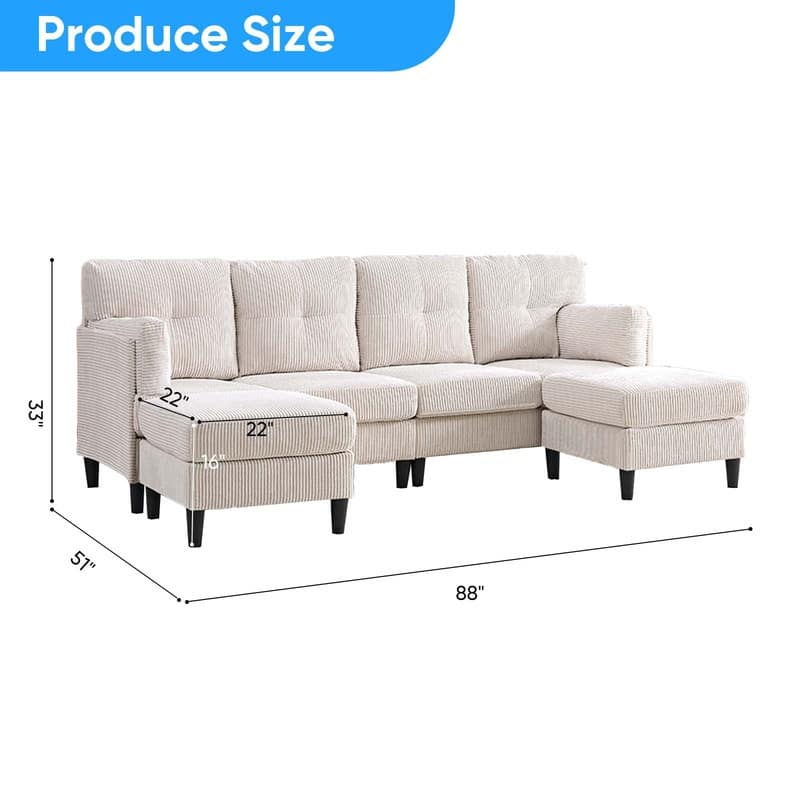 Mixoy Corduroy U-Shape Modular Convertible Sectional Sofa,Upholstered 4-Seater Sofa Couch with Movable Ottoman