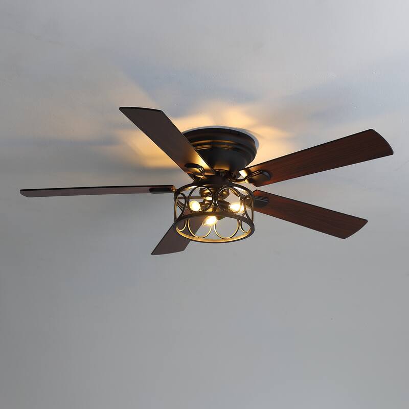 52-inch Flush Mount Caged Ceiling Fan with Light and Remote(5 Reversible Blades)