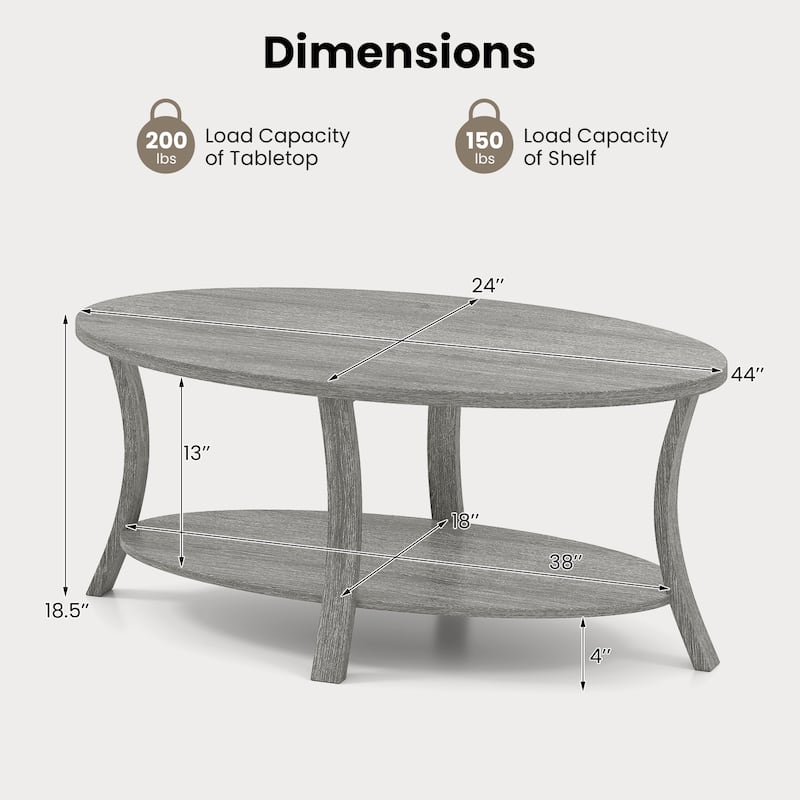 Grey Rubber Wood 2-Tier Coffee Table with Storage Shelf - 44” x 24” x 18.5”