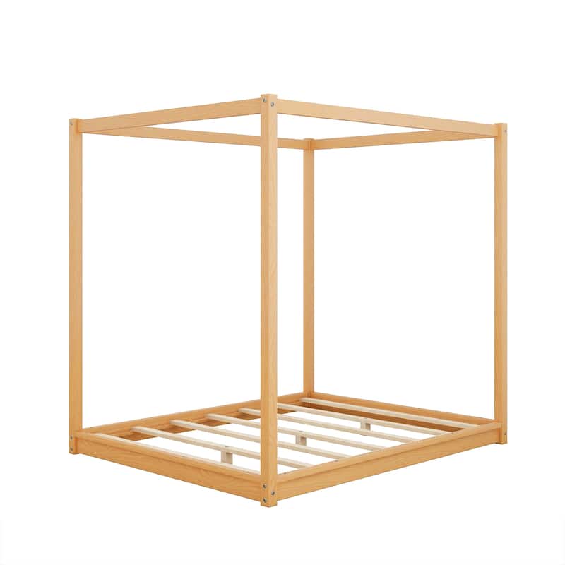 Modern Canopy Platform Bed with Wood Slats Support