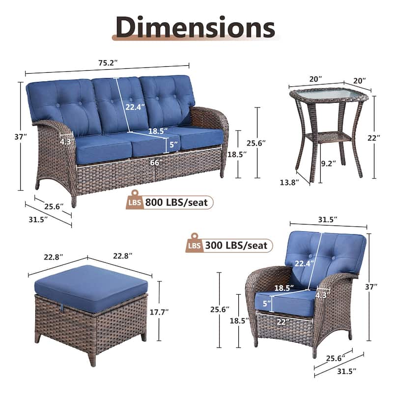 TWrap 6-Piece Patio Brown Wicker Sofa Conversation Set with 5-Inch Thick Cushions