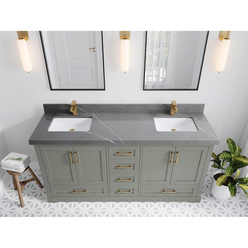 Willow Collection 72 in W x 22 in D x 36 in H Boston Double Bowl Sink Bathroom Vanity with Countertop - 2"Piatra Gray - Evergreen
