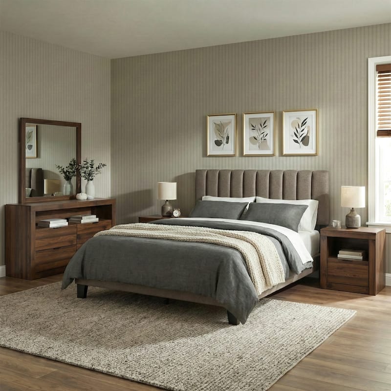 Furniture of America Merro Modern 5-Piece Solid Wood Bedroom Set - Walnut/Brown - Queen