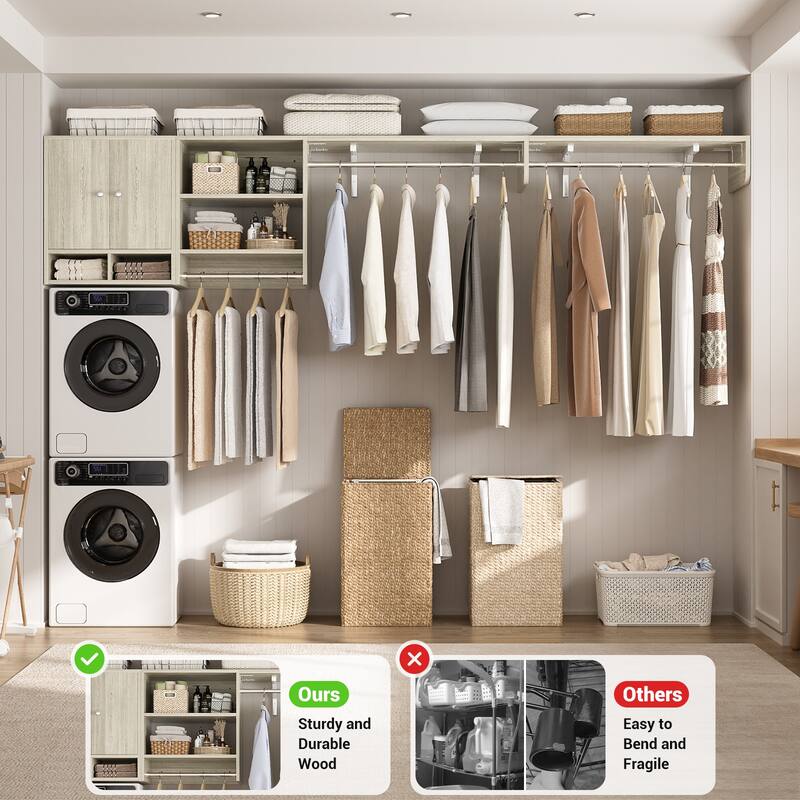 88.4'' - 117.8'' Closet System (Can Be Cut To Fit), Reversible Laundry Wall Cabinet with 3 Hanging Rods & Adjustable Shelves