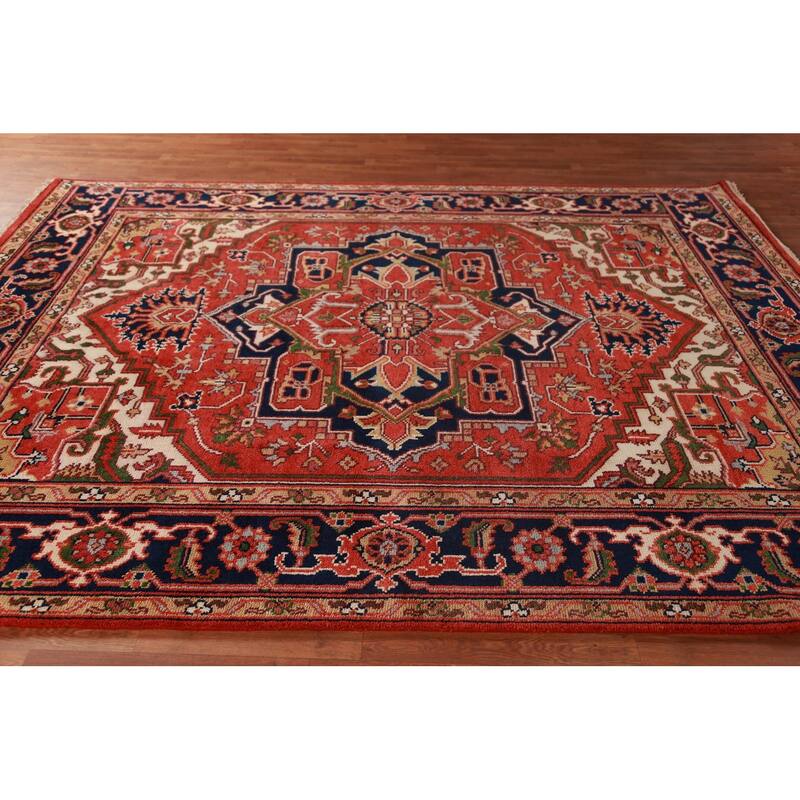 Hand Knotted Oriental 100% Wool Carpet Traditional Medallion Oranges & Rust Heriz (serapi) Area Rug - 9' 10'' X 8' 1''