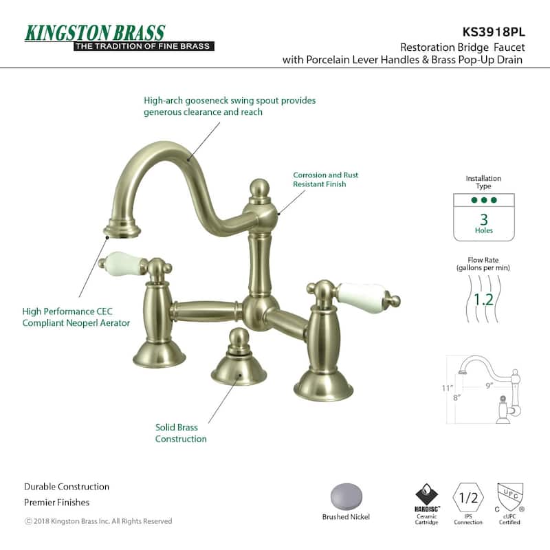 Kingston Brass Restoration Bridge Bathroom Faucet with Pop-Up Drain