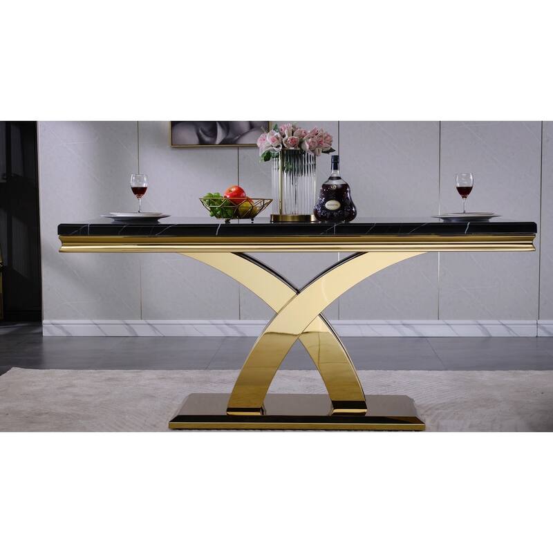 Black Dining Room Table with Polished Gold Metal Legs - Black