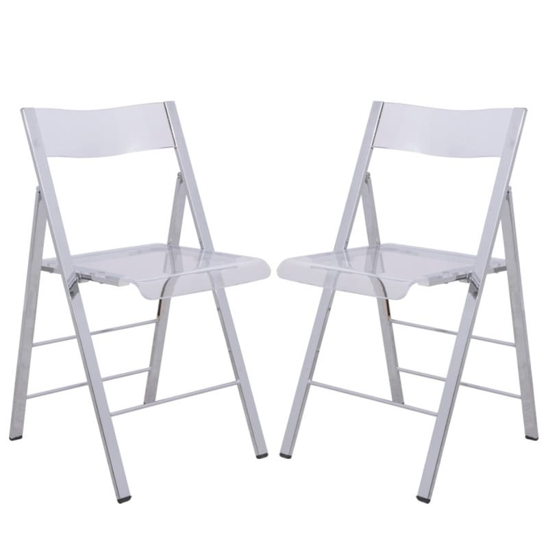 Menno Clear Acrylic Folding Chair Set of 2 - Modern Waterfall Dining Chair - Space-Saving Chrome Portable Accent Pair