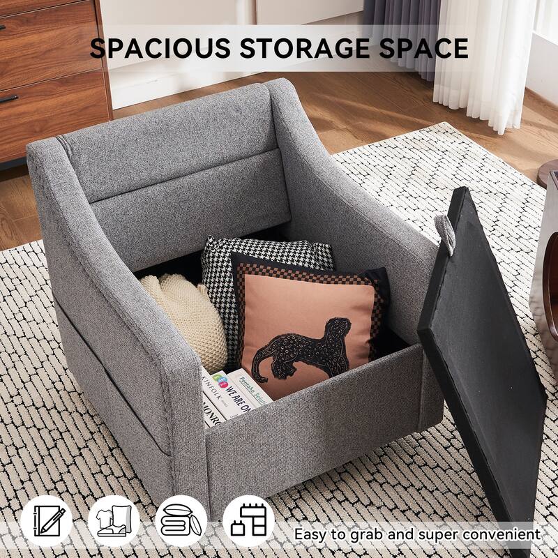 Linen Upholstered Swivel Accent Chair, Ergonomic Single Sofa Chair, Lounge Reading Chair with Nailhead Decor & Metal Base