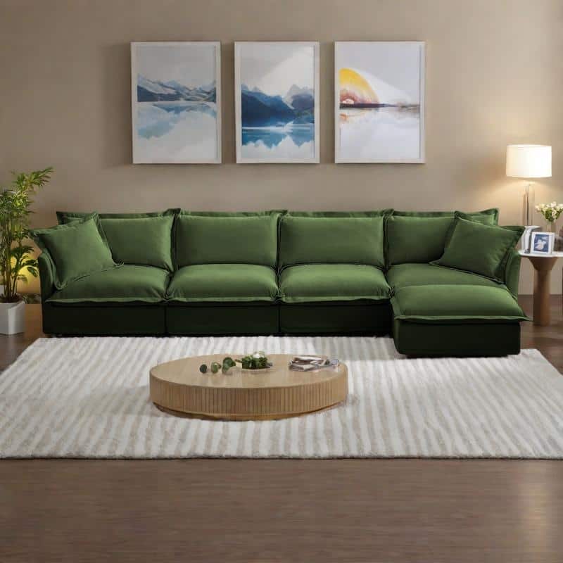156.6" Chenille L-Shaped Sectional Sofa with 4-Seater and 2 Pillows & Plush Armrests - Green