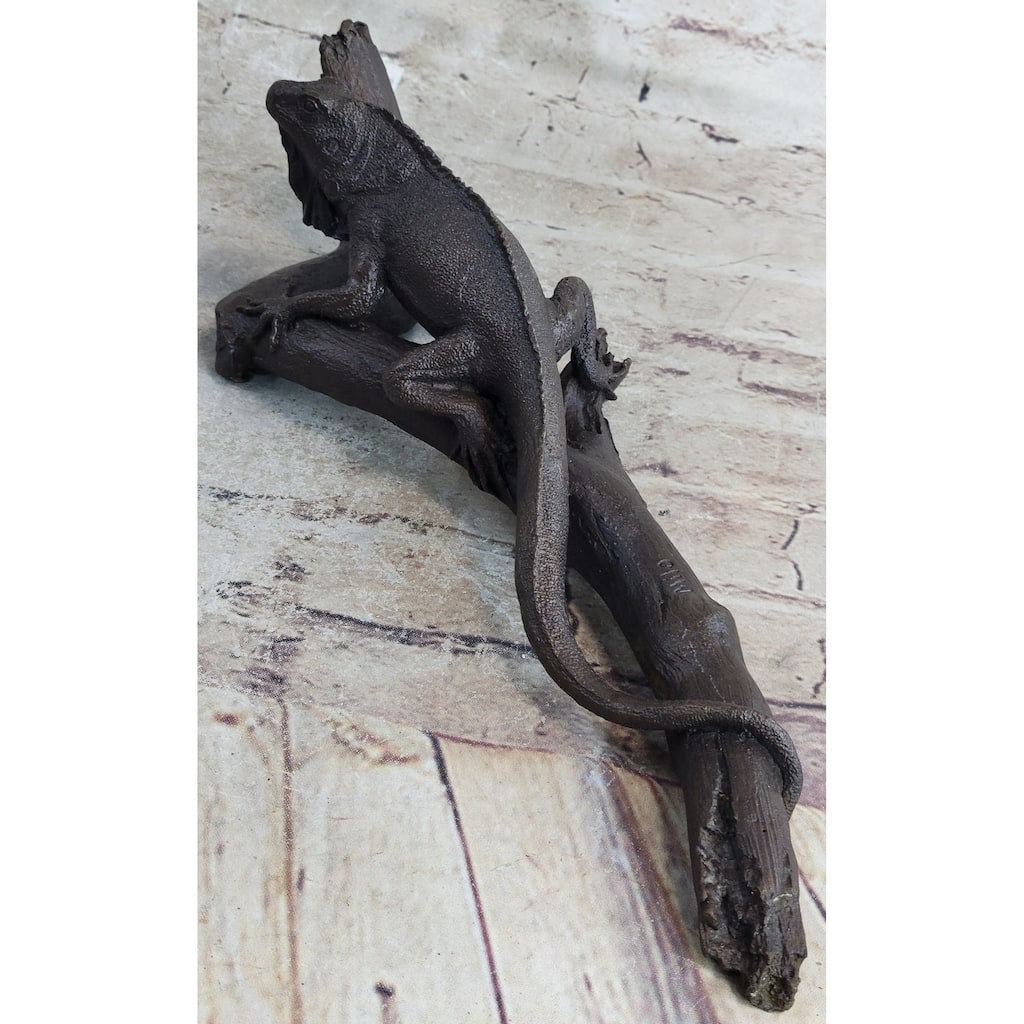 Bronze Iguana On Tree Branch Sculpture Hand Made Clic Reptile Artwork Statue