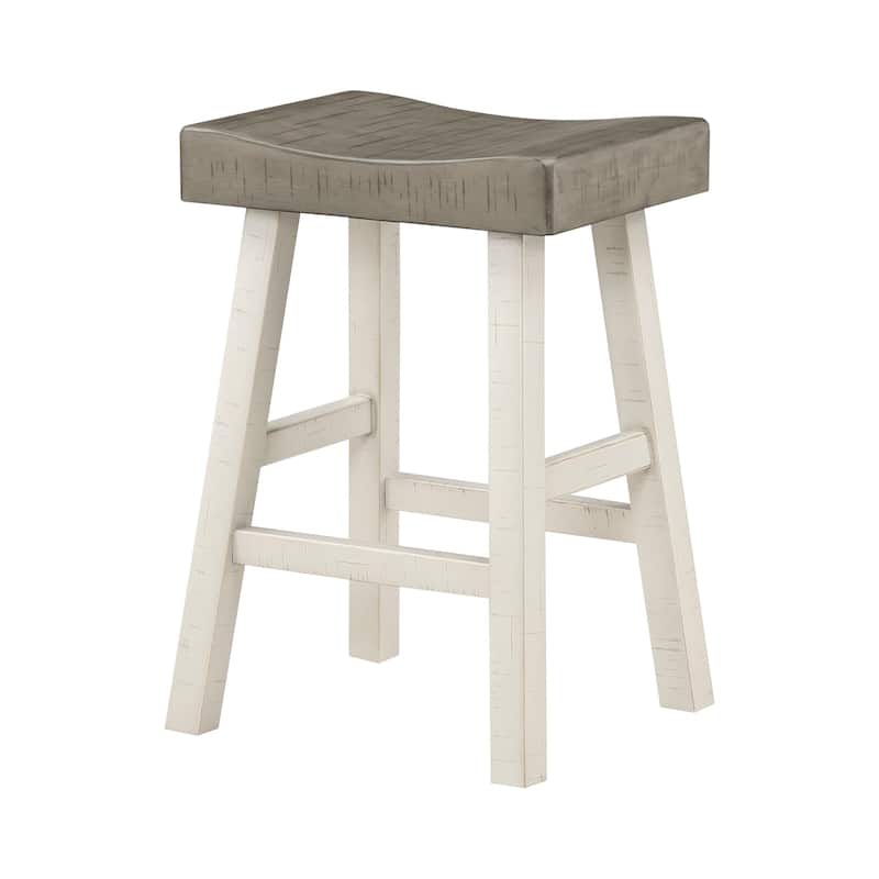 Casy 25 Inch Counter Height Stool, Brown Saddle Seat, White Rubberwood