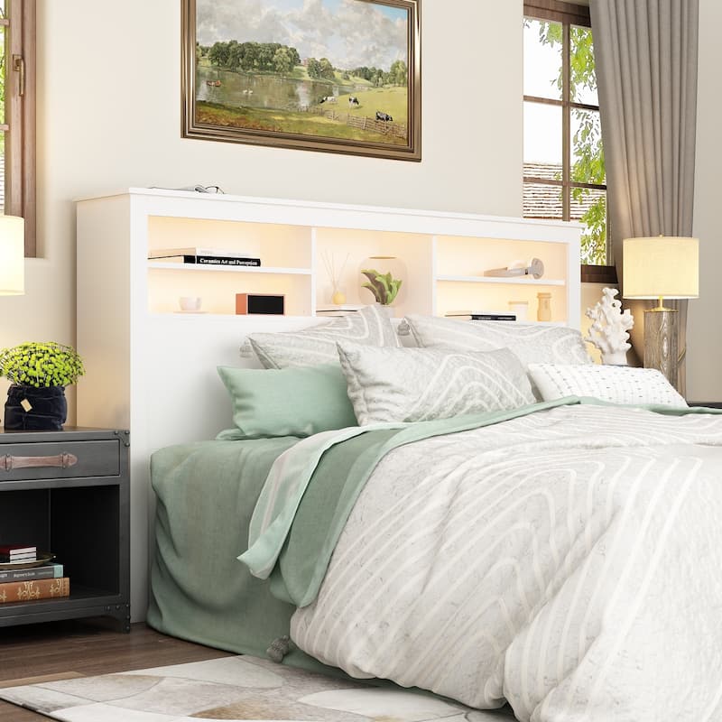 65"W Timechee Wooden Bookcase Headboard With Light - No-Outlet