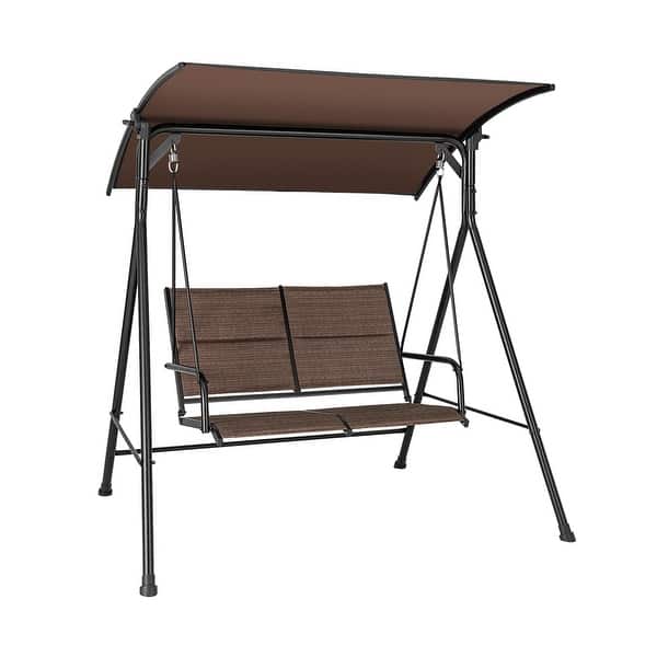 slide 2 of 9, 2 Person Porch Swing with Adjustable Canopy and Padded Seat-Brown - 58.5" x 47" x 64" (L x W x H)