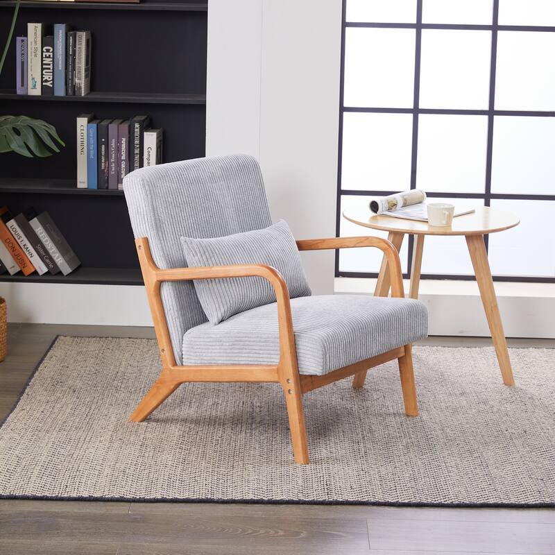 Mid-Century Modern Accent Chair, Upholstered Single Sofa Chair with Pillow, Lounge Armchair with Rubber Wood Frame