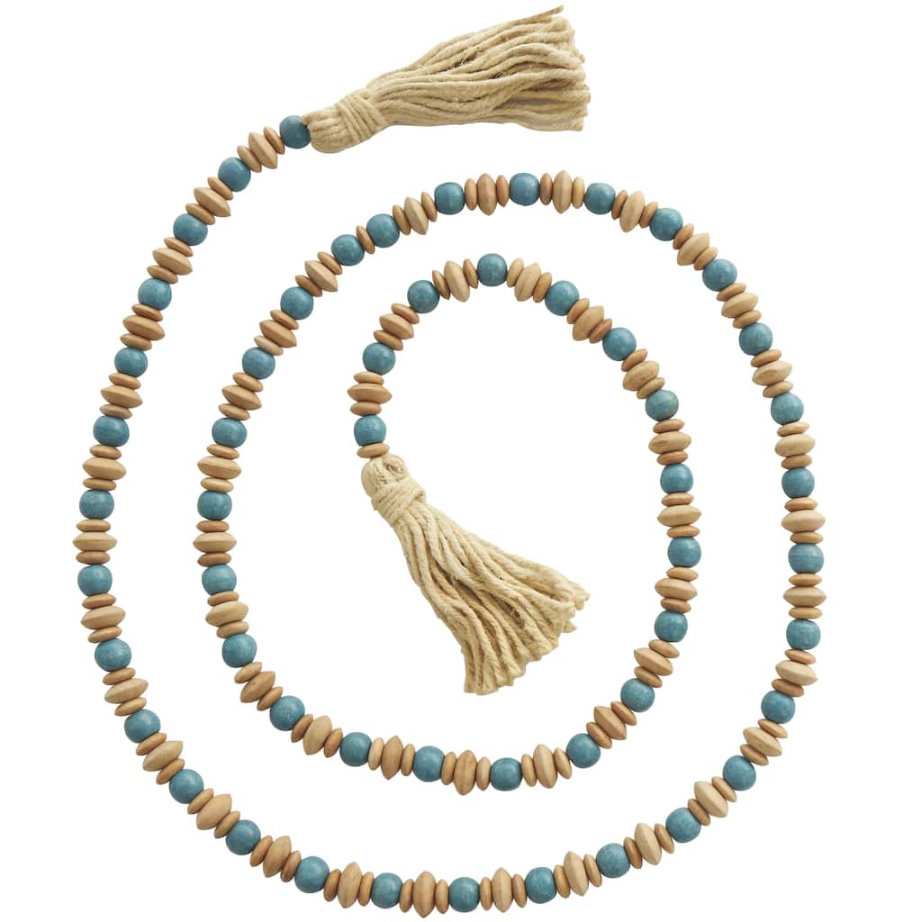 Mango Wood Handmade Round Long Carved Beaded Garland with Tassel with Brown Beaded Disks - Teal - Roche River Decor