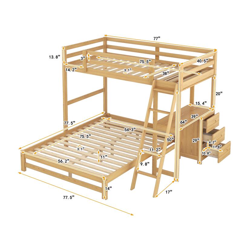 Twin Over Full Bunk Bed with Built-In Desk, Three Storage Drawers