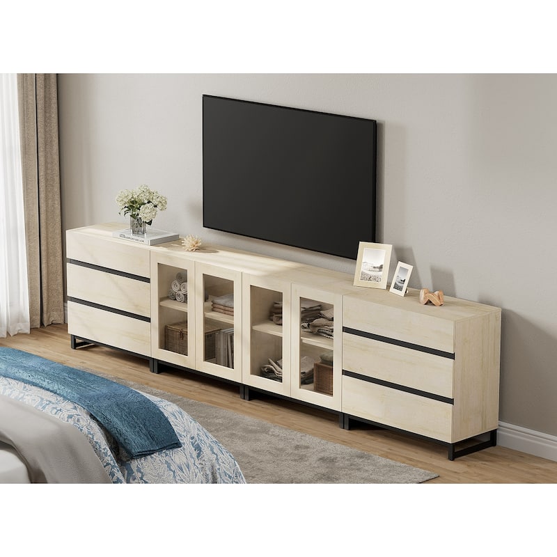 4-in-1 TV Stand for 120" TVs, TV Console with Glass Doors & 6 Drawers - 126 inches - Beige