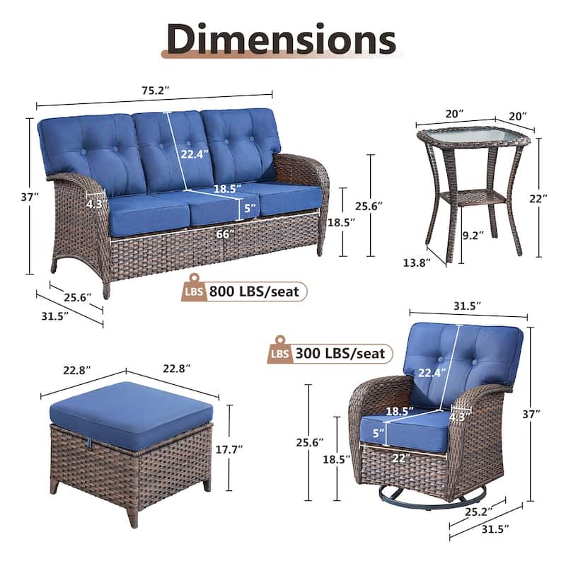 TWrap 6-Piece Patio Brown Wicker Sofa Conversation Set with 5-Inch Thick Cushions